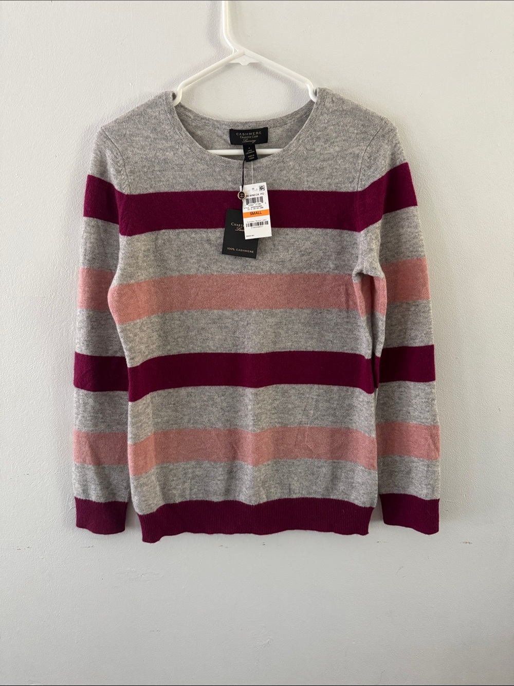 NWT Charter Club Gray and Pink Crewneck Sweater Sz S